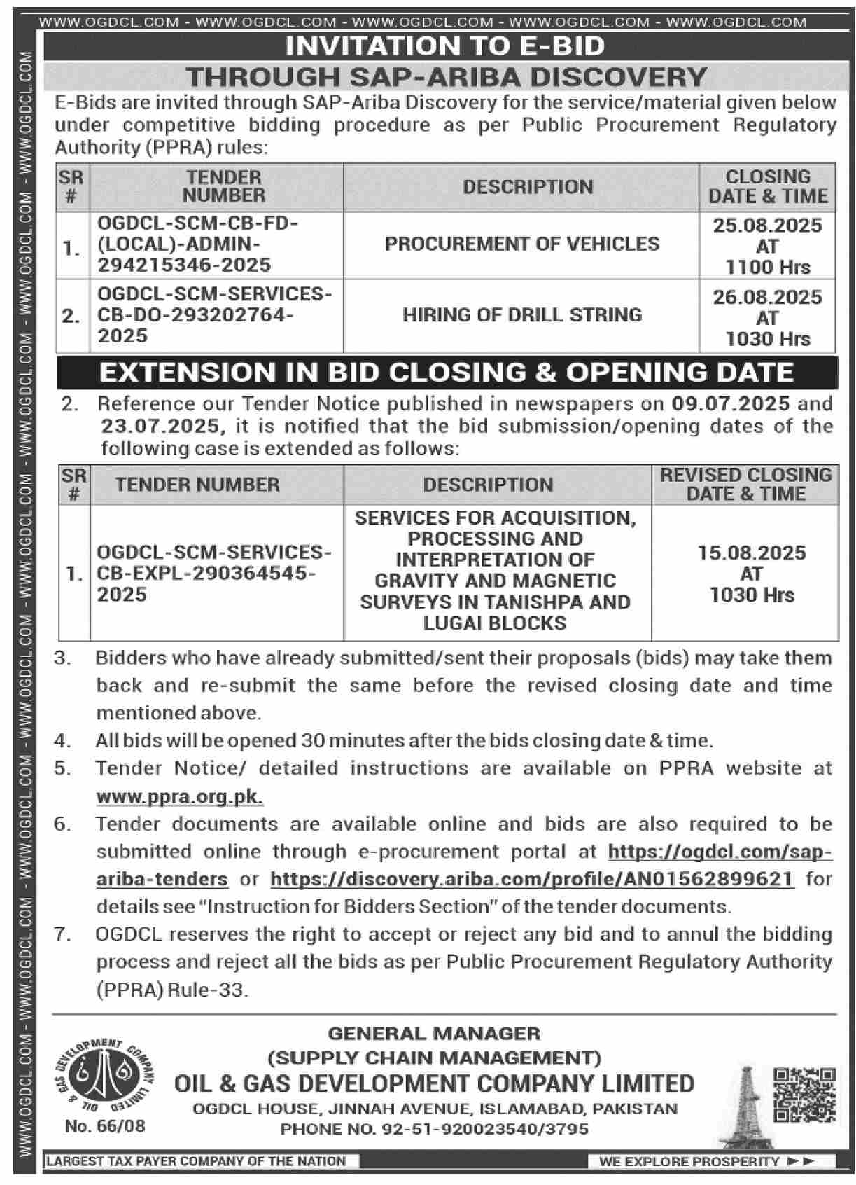 Oil & Gas Development Company Limited Islamabad Tender Notice